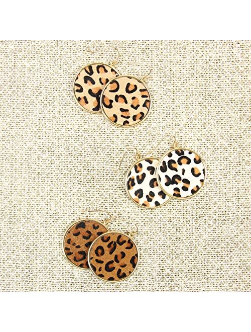 Riah Fashion Bohemian Genuine Leather Geometric Earrings - Lightweight Animal Print Dangles Calf Hair Teardrop, Zebra Leaf, Leopard Hoop