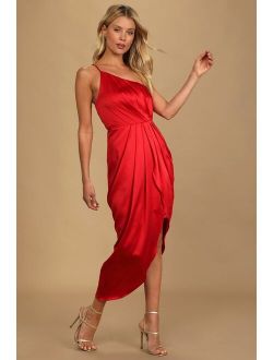 Law of Attraction Red Satin One-Shoulder Asymmetrical Midi Dress