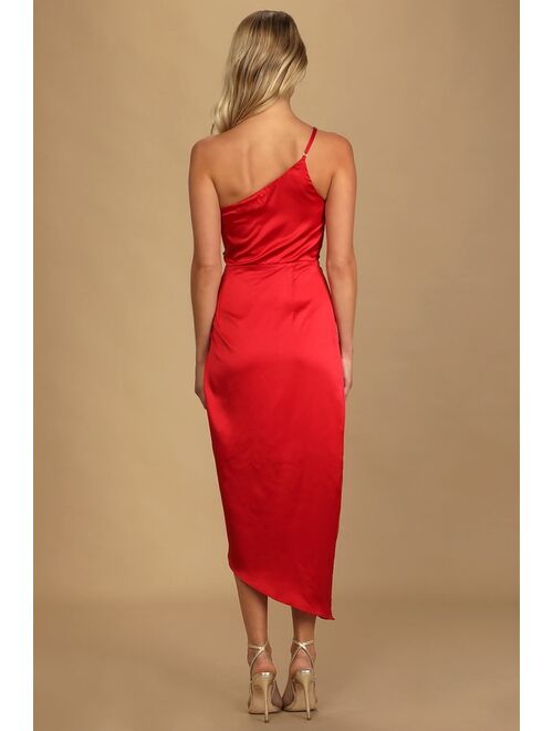 Lulus Law of Attraction Red Satin One-Shoulder Asymmetrical Midi Dress