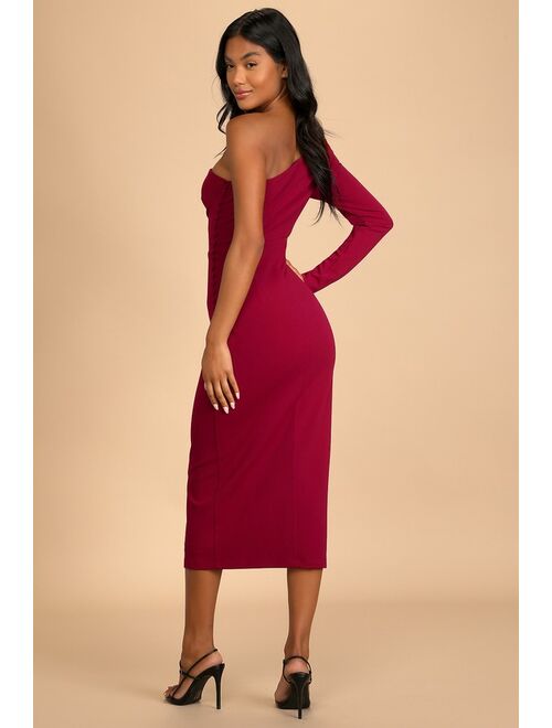 Lulus Truly Tempted Burgundy One-Shoulder Cutout Midi Dress