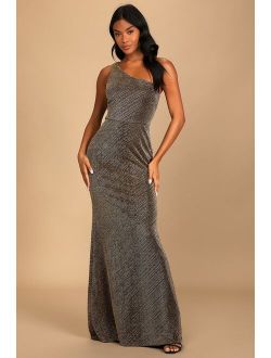 Win Me Over Black and Gold One-Shoulder Maxi Dress