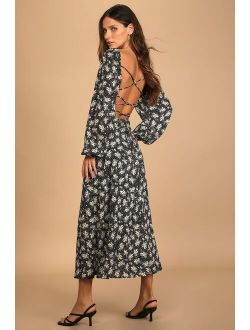Found Your Bliss Black Print Long Sleeve Lace-Up Midi Dress