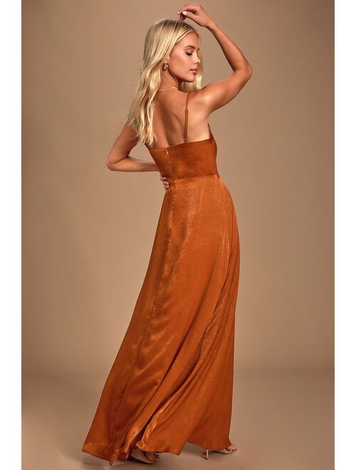 Lulus Constantine Rust Orange Satin Maxi Dress