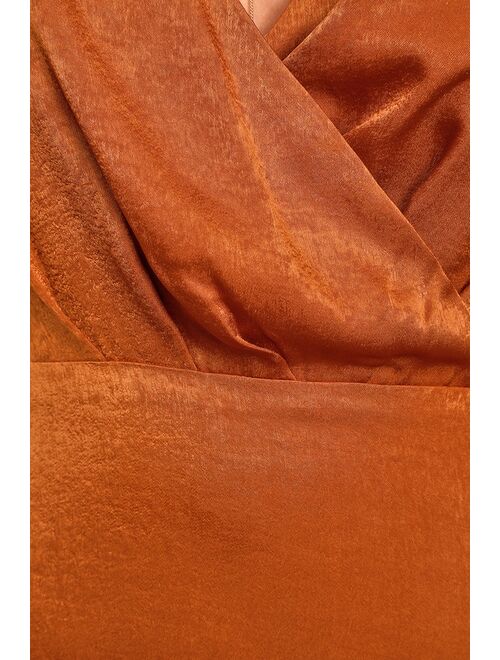 Lulus Constantine Rust Orange Satin Maxi Dress