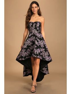 All Romance Black Floral Jacquard Strapless High-Low Dress