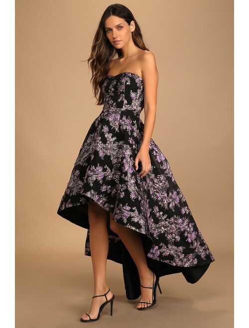 Lulus All Romance Black Floral Jacquard Strapless High-Low Dress