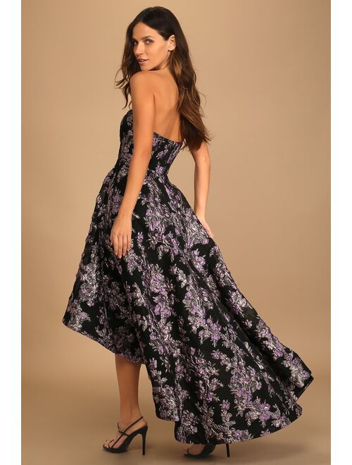 Lulus All Romance Black Floral Jacquard Strapless High-Low Dress