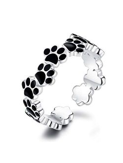 Black Dog Paw Print Open Statement Rings Sterling Silver Adjustable Cute Pet Cat Puppy Ring Lovely Animal Finger Band Fashion Jewelry Gifts for Women Girls
