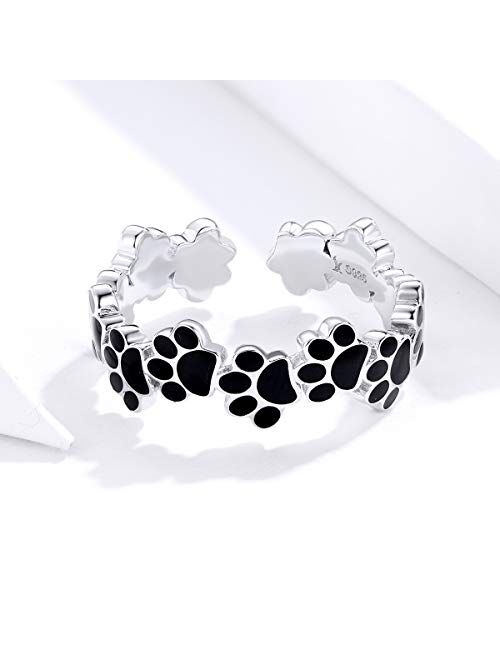 Kokoma Black Dog Paw Print Open Statement Rings Sterling Silver Adjustable Cute Pet Cat Puppy Ring Lovely Animal Finger Band Fashion Jewelry Gifts for Women Girls