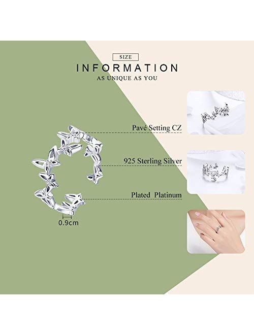 kokoma Cute Butterfly Sterling Silver Open Stacking Statement Rings for Women Girls Dainty Clear CZ Crystal Tail Finger Band Promise Engagement Wedding Ring Jewelry Gift