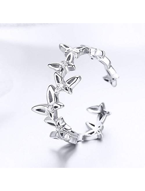 kokoma Cute Butterfly Sterling Silver Open Stacking Statement Rings for Women Girls Dainty Clear CZ Crystal Tail Finger Band Promise Engagement Wedding Ring Jewelry Gift