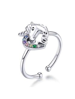 Cute Unicorn Love Heart Open Rings Sterling Silver Lovely Colorful Crystal CZ Statement Eternity Engagement Wedding Ring Tail Finger Band Fashion Jewelry Gifts