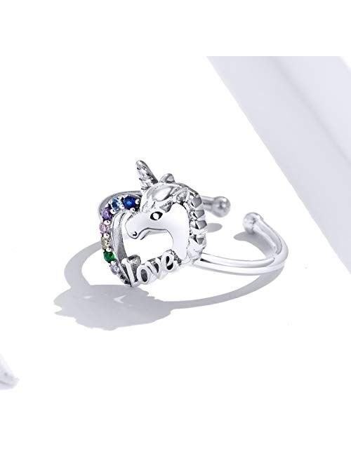 kokoma Cute Unicorn Love Heart Open Rings Sterling Silver Lovely Colorful Crystal CZ Statement Eternity Engagement Wedding Ring Tail Finger Band Fashion Jewelry Gifts