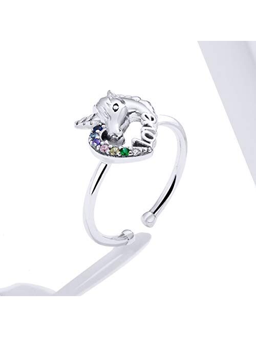 kokoma Cute Unicorn Love Heart Open Rings Sterling Silver Lovely Colorful Crystal CZ Statement Eternity Engagement Wedding Ring Tail Finger Band Fashion Jewelry Gifts