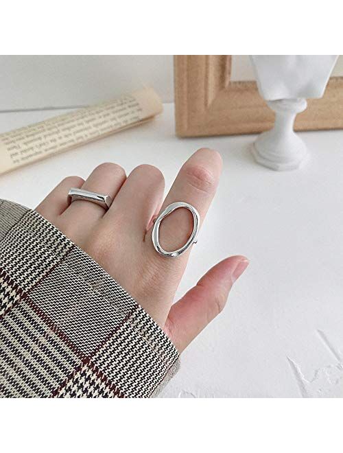 kokoma Oval Round Loop Open Statement Sterling Silver Ring for Women Girls Men Minimalist Geometic Circle Wedding Eternity Band Adjustable Knuckle Rings Fashion Jewelry