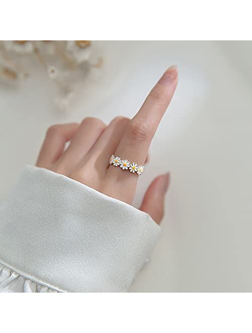 kokoma Cute Daisy Flower Open Statement Sterling Silver Adjustable Sunflower Wedding Engagement Ring Toe Ring Finger Band Eternity Dainty Jewelry Gifts for Women Girls