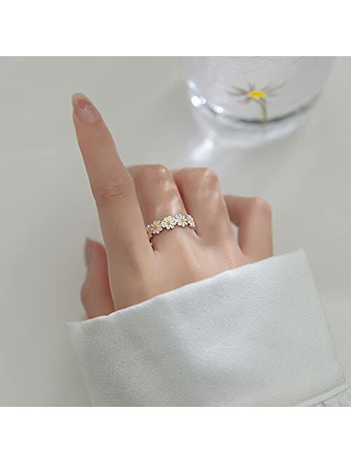 kokoma Cute Daisy Flower Open Statement Sterling Silver Adjustable Sunflower Wedding Engagement Ring Toe Ring Finger Band Eternity Dainty Jewelry Gifts for Women Girls