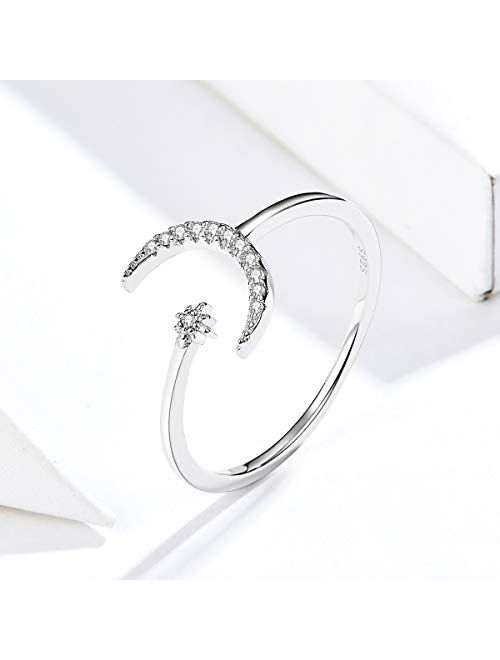 kokoma Crescent Moon Statement Rings Sterling Silver for Women Teen Girls Adjustable Dainty Rhinestone Diamond Star Promise Eternity Engagement Wedding Ring Finger Cuff