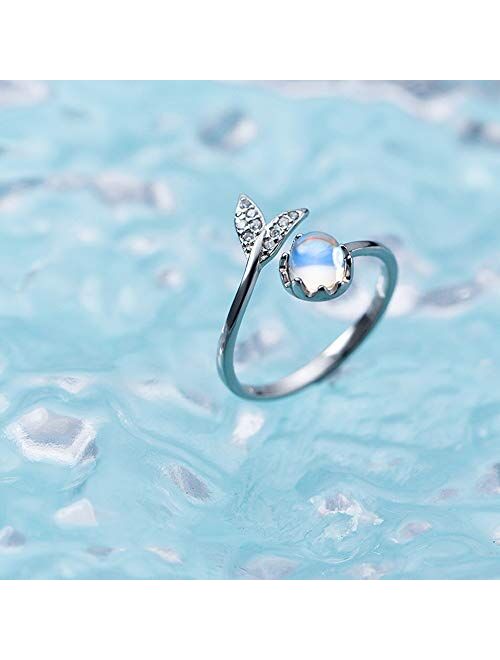 kokoma Blue Glaze Mermaid Tail Wrap Open Ring for Women Girls Sterling Silver CZ Adjustable Eternity Engagement Band Rings