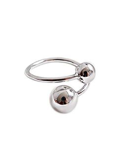Double Ball Bead Open Band Ring Sterling Silver Adjustable Minimalist Promise Engagement Wedding Rings Fashion Jewelry High Polish for Women Girls Men