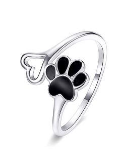 Paw Print Love Heart Open Ring Sterling Silver for Women Girls Pet Dog Cat Claw Band Statement Wedding Engagement Rings Finger Band Dainty Jewelry Gifts Adjust