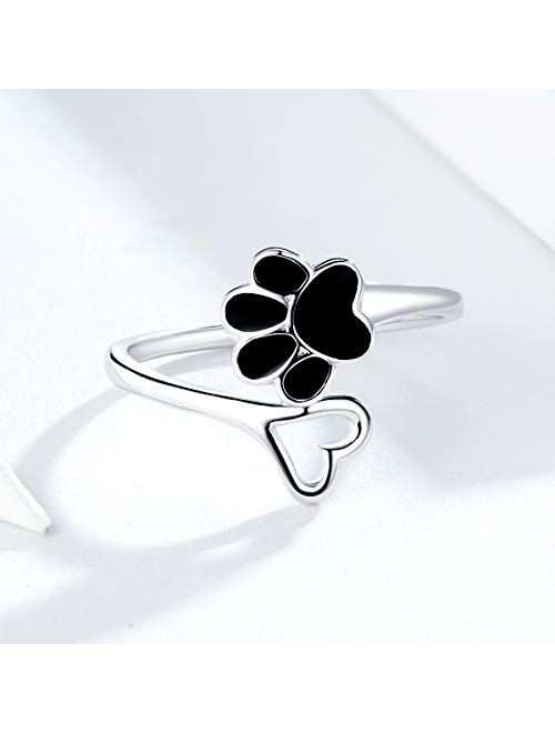 kokoma Paw Print Love Heart Open Ring Sterling Silver for Women Girls Pet Dog Cat Claw Band Statement Wedding Engagement Rings Finger Band Dainty Jewelry Gifts Adjust
