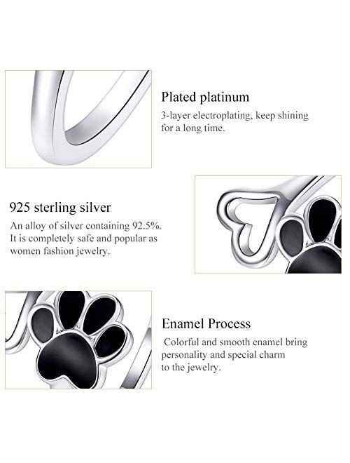 kokoma Paw Print Love Heart Open Ring Sterling Silver for Women Girls Pet Dog Cat Claw Band Statement Wedding Engagement Rings Finger Band Dainty Jewelry Gifts Adjust