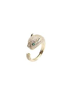 Fashion Leopard Statement Rings for Women Girls Animal Panther Green Eyes CZ Crystal Adjustable Stacking Ring Finger Band Unique Jewelry Gifts 18K Gold Plated