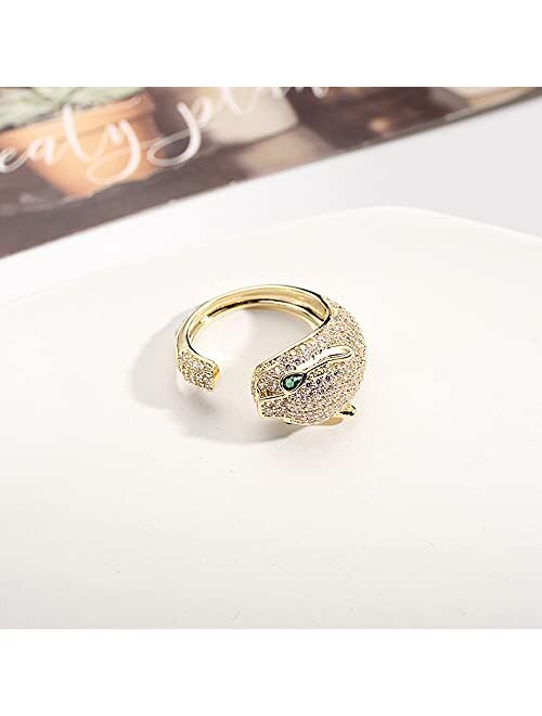 kokoma Fashion Leopard Statement Rings for Women Girls Animal Panther Green Eyes CZ Crystal Adjustable Stacking Ring Finger Band Unique Jewelry Gifts 18K Gold Plated