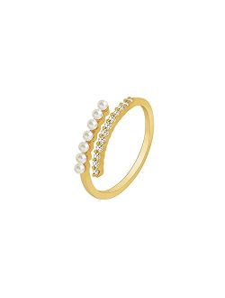Elegant Pearl Open Ring Sterling Silver S925 Yellow Gold Crystal CZ Climber Eternity Engagement Statement Rings Dainty Wrap Tail Finger Band Cute Jewelry Gifts f