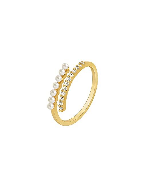 kokoma Elegant Pearl Open Ring Sterling Silver S925 Yellow Gold Crystal CZ Climber Eternity Engagement Statement Rings Dainty Wrap Tail Finger Band Cute Jewelry Gifts f