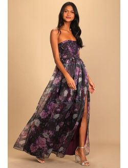 Wonderful Waltz Purple Floral Print Strapless Bustier Maxi Dress