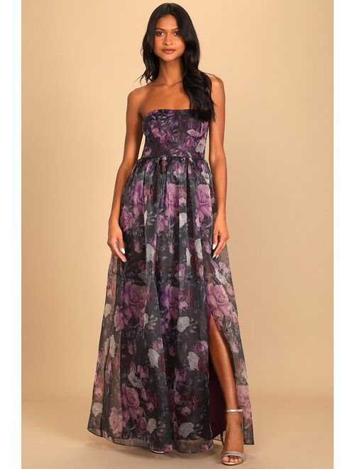 Lulus Wonderful Waltz Purple Floral Print Strapless Bustier Maxi Dress