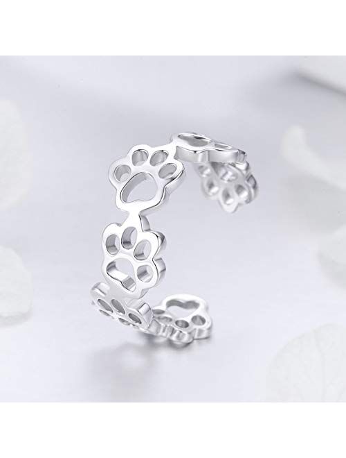 kokoma Open Finger Rings Sterling Silver 925 Adjustable Lovely Pet Animal Cat Print Statement Promise Ring Engagement Wedding Band Toe Ring Minimalist Jewelry