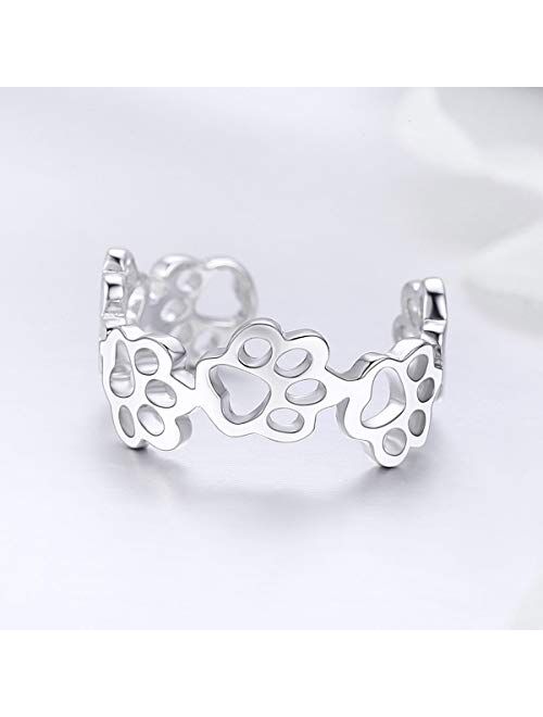 kokoma Open Finger Rings Sterling Silver 925 Adjustable Lovely Pet Animal Cat Print Statement Promise Ring Engagement Wedding Band Toe Ring Minimalist Jewelry