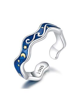 Starry Sky Moon Star Open Statement Ring S925 Sterling Silver Fashion Blue Universe Waves Adjustable Stacking Engagement Wedding Rings Jewelry Gift
