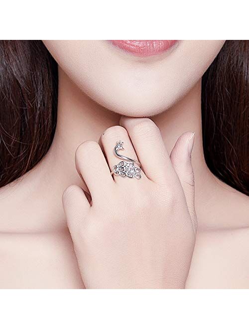 Kokoma Dainty Peacock Sterling Silver Open Wrap Rings for Women Girls Adjustable Elegant Animal Bule Crystal Cuff Finger Eternity Ring Expandable Band Jewelry Gifts