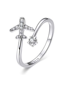 CZ Airplane Open Statement Rings S925 Sterling Silver for Women Girls Crystal Diamond Travel Souvenir Adjustable Wrap Cuff Eternity Promise Engagement Ring