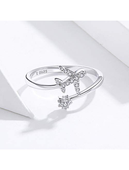 Kokoma CZ Airplane Open Statement Rings S925 Sterling Silver for Women Girls Crystal Diamond Travel Souvenir Adjustable Wrap Cuff Eternity Promise Engagement Ring