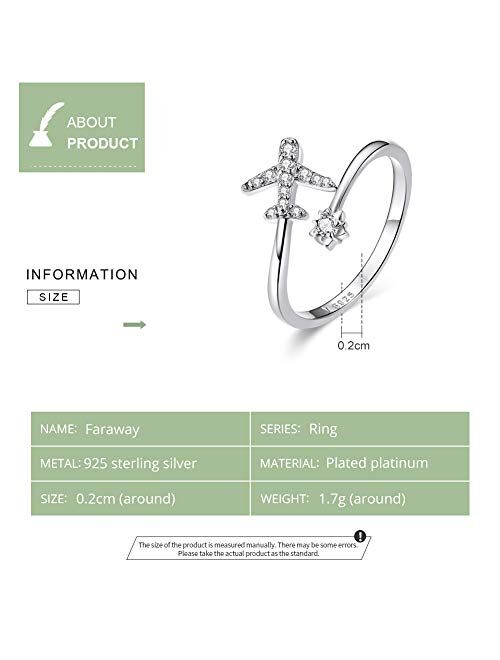 Kokoma CZ Airplane Open Statement Rings S925 Sterling Silver for Women Girls Crystal Diamond Travel Souvenir Adjustable Wrap Cuff Eternity Promise Engagement Ring