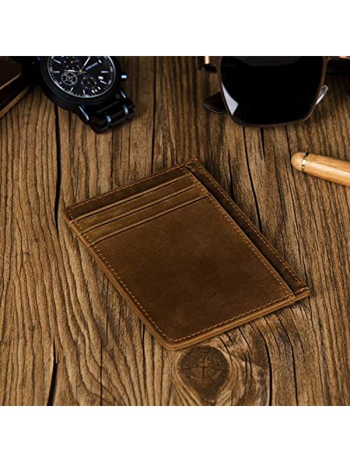 Engraving Brown Leather Card Case Minimalist Front Pocket Wallets for Men Women Holder Purse for Man Husband Dad Son Daughter Grandpa for Birthday/Anniversary/Christmas