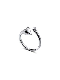 Funny Fox Sterling Silver Open Statement Rings for Women Girls Minimalist Cute Animal Climber Tail Finger Band Thumb Promise Eternity Ring