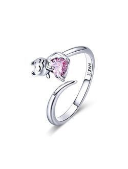 Cute Cat Open Statement Rings S925 Sterling Silver for Women Girls Endless Love Heart CZ Diamond Lovely Pet Animal Engagement Promise Wedding Ring Adjustable
