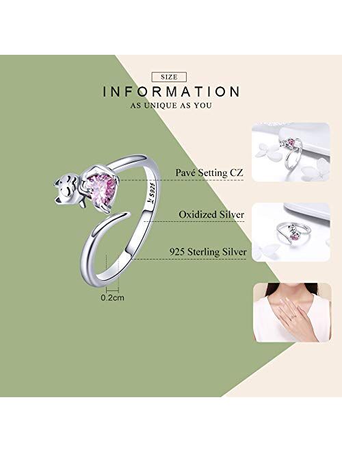 kokoma Cute Cat Open Statement Rings S925 Sterling Silver for Women Girls Endless Love Heart CZ Diamond Lovely Pet Animal Engagement Promise Wedding Ring Adjustable