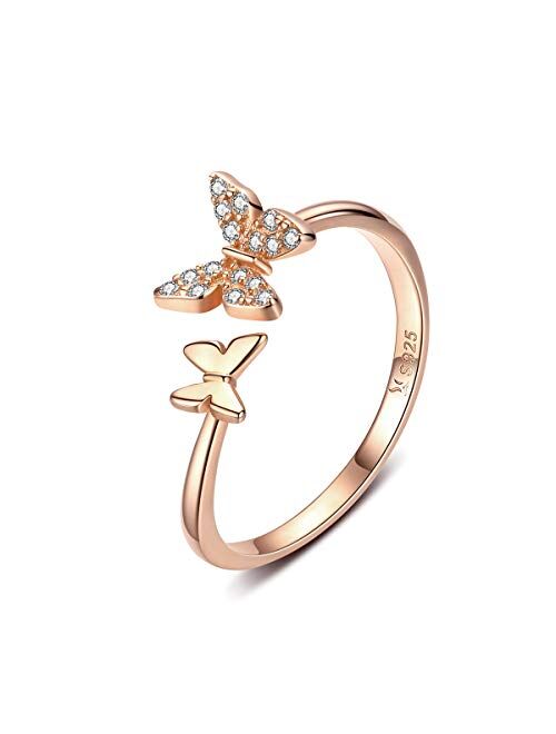 kokoma Cute Butterfly Open Rings for Women Girls Adjustable Birthstone CZ Crystal Dainty Animal Statement Promise Engagement Wedding Ring Eternity Finger Band De