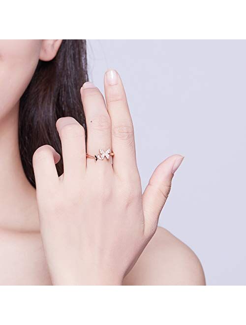 kokoma Cute Butterfly Open Rings for Women Girls Adjustable Birthstone CZ Crystal Dainty Animal Statement Promise Engagement Wedding Ring Eternity Finger Band De