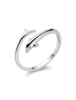Little Dolphin Sterling Silver Statement Open Rings for Women Girls Cute Animal Cuff Climber Tail Finger Band