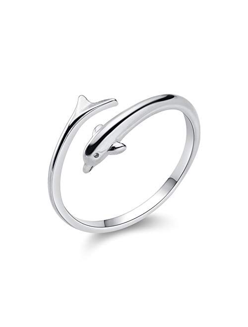 Kokoma Little Dolphin Sterling Silver Statement Open Rings for Women Girls Cute Animal Cuff Climber Tail Finger Band