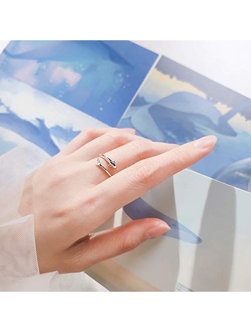 Kokoma Little Dolphin Sterling Silver Statement Open Rings for Women Girls Cute Animal Cuff Climber Tail Finger Band