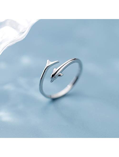 Kokoma Little Dolphin Sterling Silver Statement Open Rings for Women Girls Cute Animal Cuff Climber Tail Finger Band